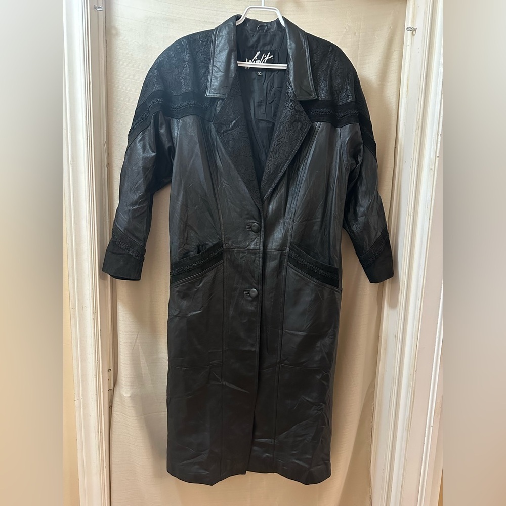 Vintage 80s Winlit Black Leather Long Coat Paisley Suede Western Goth Medium